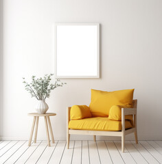 Yellow armchair is pictured in front of an empty frame in a room.