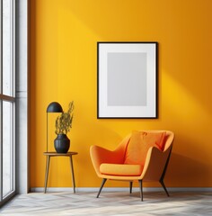 Yellow armchair is pictured in front of an empty frame in a room.