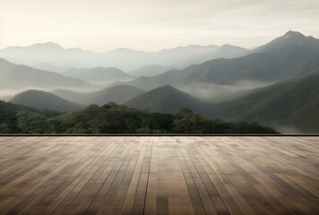 Wooden flooring in the afternoon fog with a mountain view. - obrazy, fototapety, plakaty