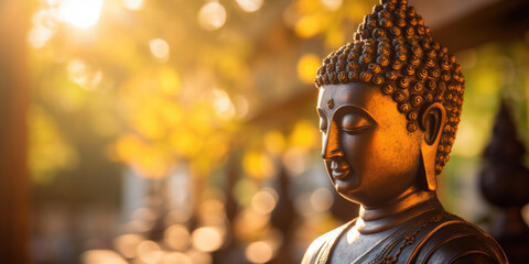 Beautiful bronze buddha statue with blurred background and large space for text