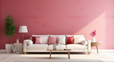 Fototapeta na wymiar Living room with pink walls, in the style of light white and dark orange, minimalist backgrounds.
