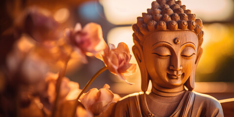 Close up of Buddha figurine in deep meditation with warm colors - obrazy, fototapety, plakaty