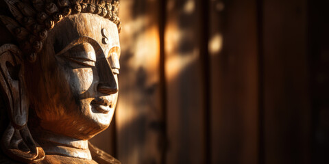 Buddha sculpture made of wood practicing mindful meditation with blurred background and large space for text or copy - obrazy, fototapety, plakaty