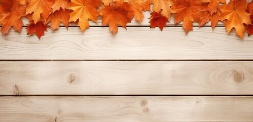 Naklejka na ściany i meble Autumn leaves on wooden plane with copy space.
