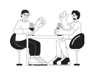 Best friends men podcasters black and white 2D cartoon characters. Young adult guys excited talking isolated vector outline people. Communicate dialog over mics monochromatic flat spot illustration