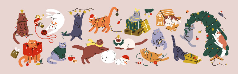 Cute Christmas cat set. Funny comic feline animals, naughty kitties playing with Xmas fir tree, baubles, garland, gift, presents. Happy adorable New Year kittens. Isolated flat vector illustrations - obrazy, fototapety, plakaty