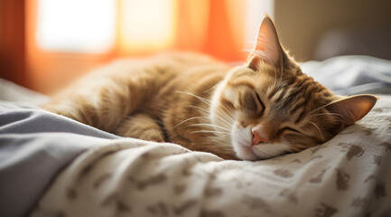 Ginger cat snuggled under a grey blanket, peacefully resting on a bed.