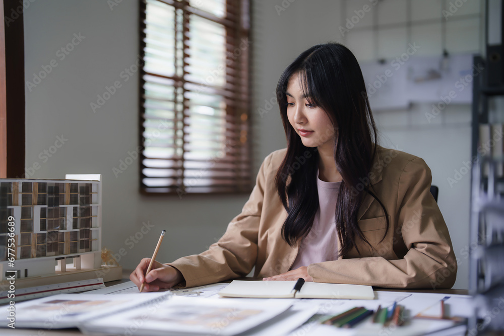 Poster female architect work to designing architecture interior and drawing building project on blueprint