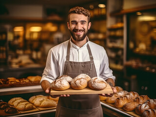 Latin man holding tray of bread in bakery shop