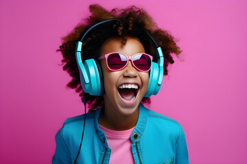 studio portrait of happy young black gamer girl wearing headphones isolated on pink background