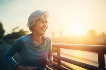 Fototapeta na wymiar Healthy senior woman happy jogging. Sport running workout fit exercise. Generate Ai