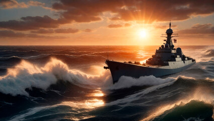 Seascape with warship at sunset. .AI