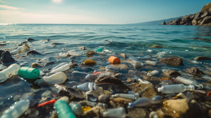 Fototapeta na wymiar Close up view of garbage plastics and pollution in the sea