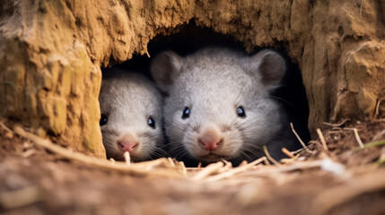Close up view of wombats faces peeking from burrow
