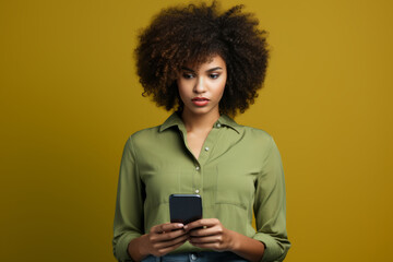 Fototapeta na wymiar Portrait of young beautiful pensive girl with Afro haircut in green blouse typing text message on smartphone, enjoying online communication, chatting. Isolated on olive studio background.