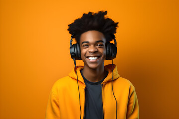 studio portrait of happy black gamer boy wearing headphones isolated on orange background - obrazy, fototapety, plakaty