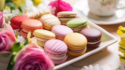 Obraz na płótnie Canvas Tray of colorful macaroons. French dessert, crispy macaron cookies, spring flowers. 