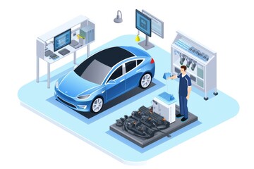 Electric car engineer production ev car assembly industry plant manufacturing lithium battery li ion pack parts worker checking isometric Isolated.