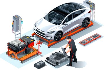 Electric car engineer production ev car assembly industry plant manufacturing lithium battery li ion pack parts worker checking isometric Isolated. - obrazy, fototapety, plakaty