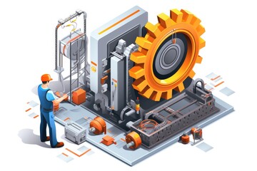 Fototapeta premium Engineer Maintenance machine isometric industrial employee worker fixing in factory element on white background isolated.