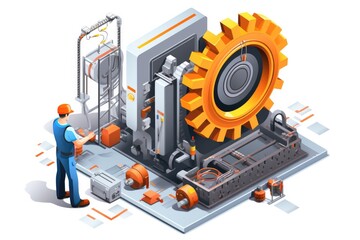 Engineer Maintenance machine isometric industrial employee worker fixing in factory element on white background isolated.