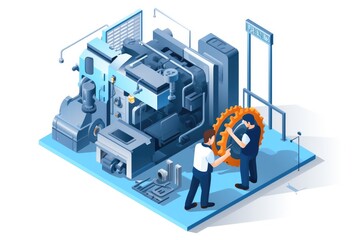 Engineer Maintenance machine isometric industrial employee worker fixing in factory element on white background isolated.