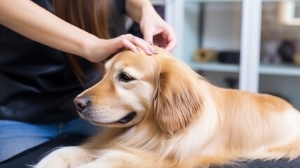 Grooming a fluffy dog in a hair salon for dogs. Beautiful golden retriever