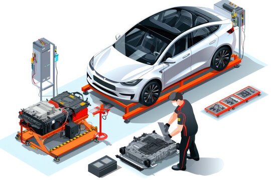 Electric car engineer production ev car assembly industry plant manufacturing lithium battery li ion pack parts worker checking isometric Isolated.