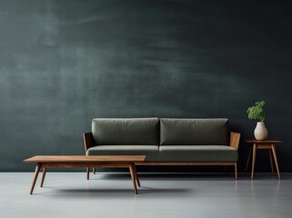 Grey sofa and coffee table against a dark wall background.