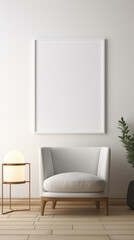 Blank picture frame mockup on white wall. White living room design. View of modern style interior with chair and lamp. minimalism, concept