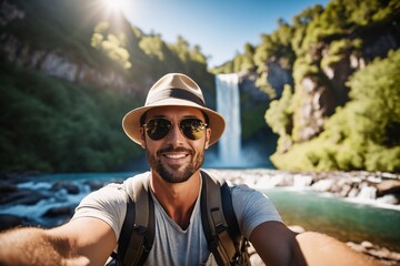 Ein junger hübscher Mann macht ein Selfie von sich. Er trägt Freizeitkleidung eine Kopfbedeckung und eine Sonnenbrille. Im Hintergrund ist ein Wasserfall zu sehen. - obrazy, fototapety, plakaty
