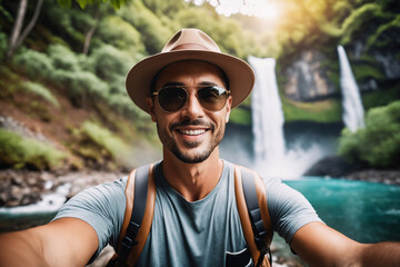 Ein junger hübscher Mann macht ein Selfie von sich. Er trägt Freizeitkleidung eine Kopfbedeckung und eine Sonnenbrille. Im Hintergrund ist ein Wasserfall zu sehen. - obrazy, fototapety, plakaty