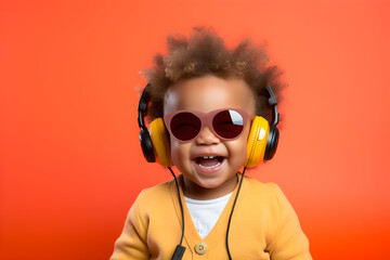 studio portrait of happy black gamer baby wearing headphones isolated on orange background