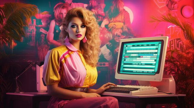 Colorful image of vintage retro wave style computer and woman