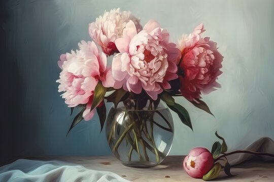 Bouquet of peonies in a vase on a wooden table, still life, watercolor painting