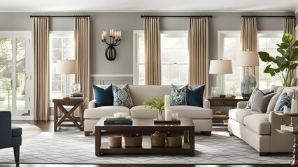 A transitional style living room that seamlessly blends traditional and modern elements. Sofa table...