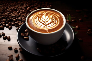 hot coffee latte art on wood background