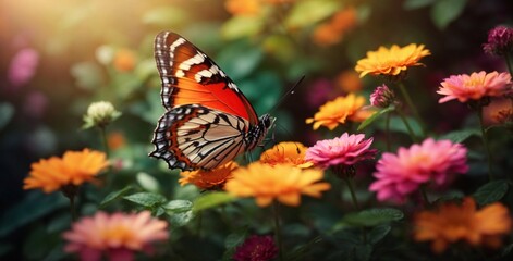 Fototapeta na wymiar butterfly on flower HD 8K wallpaper Stock Photographic Image Nature's Elegance Close-up of Butterfly and Bloom zinnia flowers and monarch butterfly generative ai