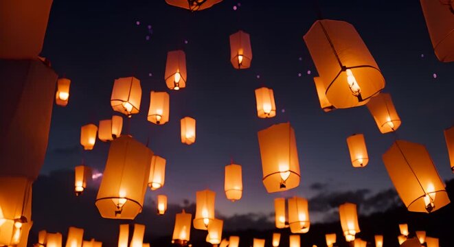A group of beautiful sky lantern on the dark sky at night, moon, Loy Krathong Festival. sharp focus, intricate details, highly detailed, ,Super detailed, 8K