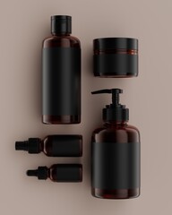 The plain amber packaging of a series of skincare products with beige background in flat lay position viewed from top for mockup, consisting of a pump bottle, spray, tube, and pot or jar. 3D rendering