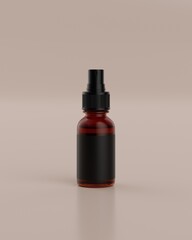 The plain amber packaging spray bottle of a skincare product with beige background viewed from front for mockup. 3D Rendering