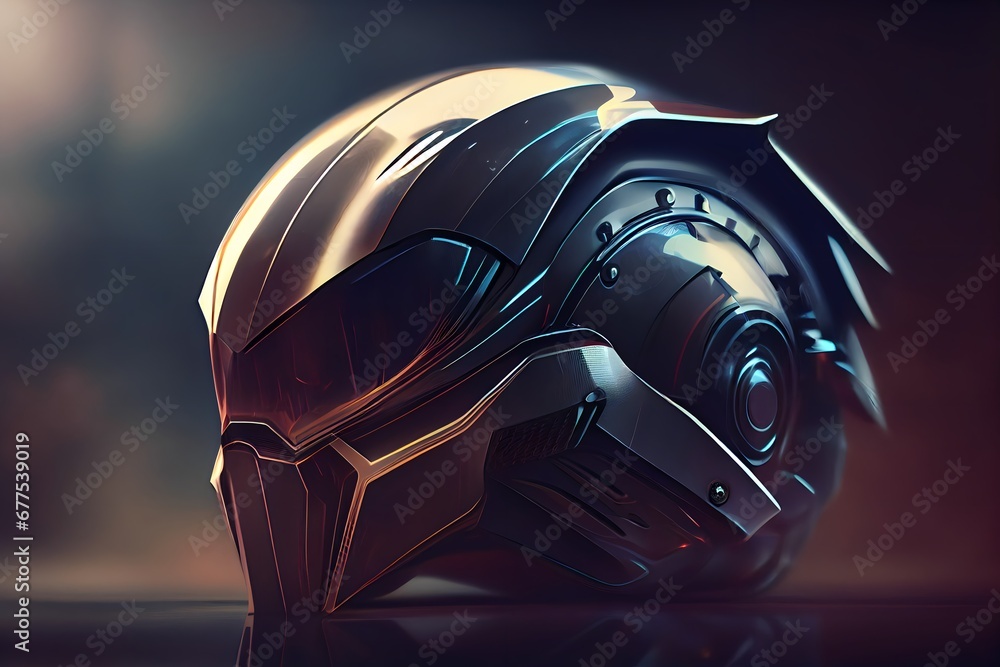 Wall mural concept of a futuristic motorcycle helmet on a blurry background.