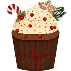 Christmas cupcake with red berry, candy cane, gingerbread cookie, pine leaves transparent background png. Watercolor Illustration. 