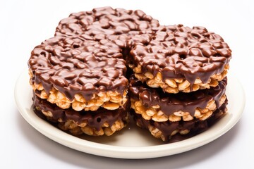 Fototapeta na wymiar Puffed Rice Cake with Chocolate Isolated, Rice Diet Bread, Cereal Waffle, Cocoa Crackers on White