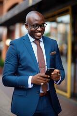 Naklejka premium Cheerful middle aged African American businessman in a formal suit and in eyeglasses with a smartphone. On the background of the street of the business district of the city.