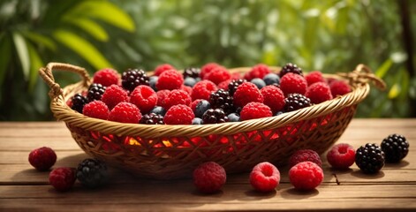 berries freshly picked in a bamboo basket Basket full of red coffee freshly picked from the harvest fresh cherries on a wooden table in a garden generative ai 


