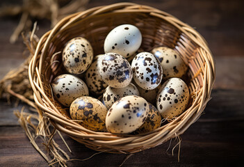 Obraz premium Quail Eggs, Diet Egg in Nest, Healthy Breakfast, Natural Organic Nutrition, Salad Ingredient Spotted Quail Egg