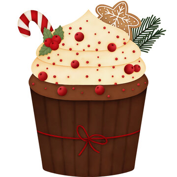 Christmas cupcake with red berry, candy cane, gingerbread cookie, pine leaves transparent background png. Watercolor Illustration. 