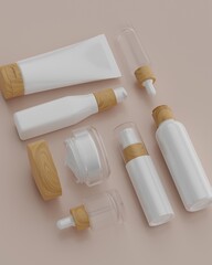 The plain white and wood packaging of a series of skincare products with a beige background in a flat lay position viewed from the side top for mockup. 3D Rendering.