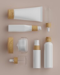 The plain white and wood packaging of a series of skincare products with a beige background in a flat lay position viewed from the top for mockup. 3D rendering